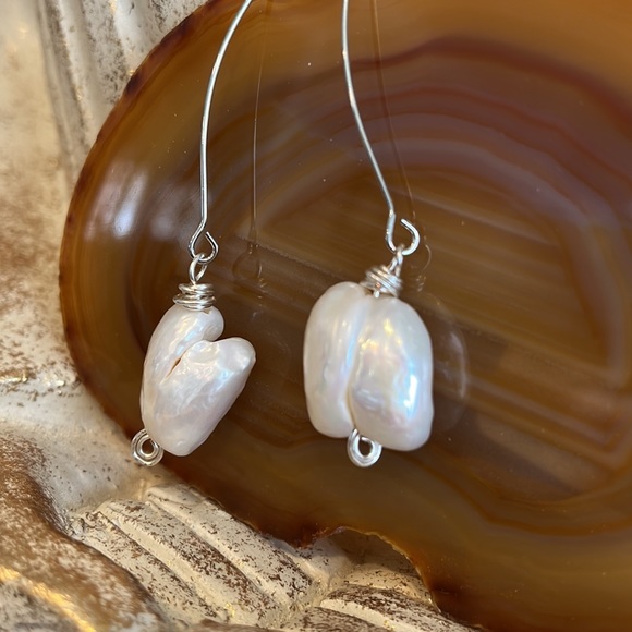Large Baroque Pearls! Spectacular Handmade Wire Wrapped Baroque Pearl Earrings - Picture 2 of 4